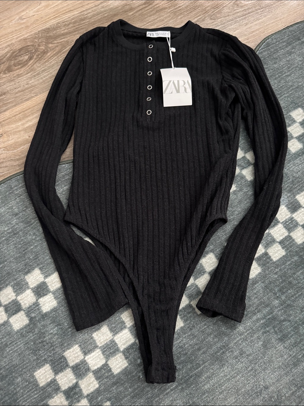 Zara Black Ribbed Henley Long Sleeve Bodysuit Medium NWT